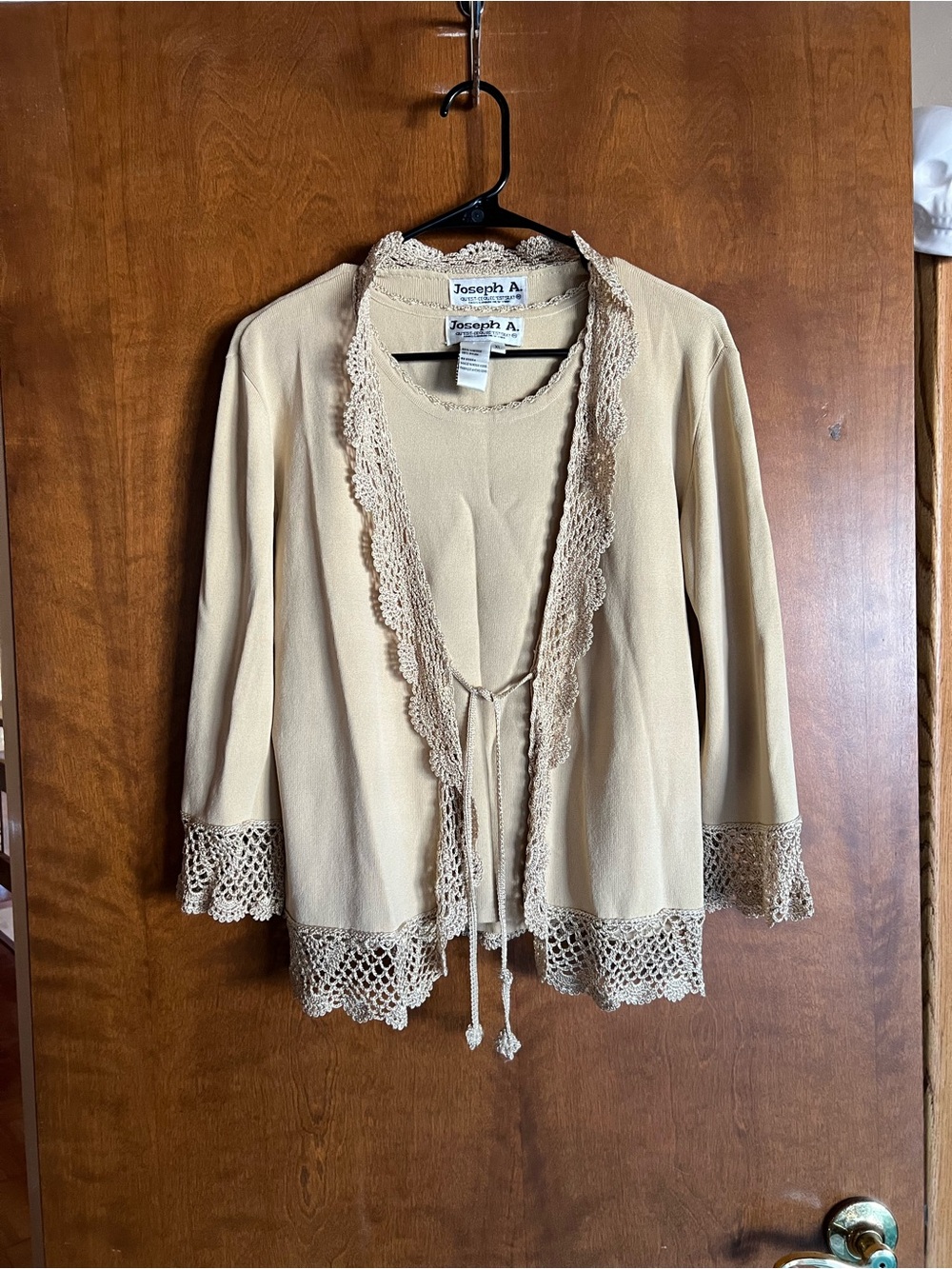 Two Piece Joseph Cream Crochet-Trim Tie-Front Cardigan with separate tank.